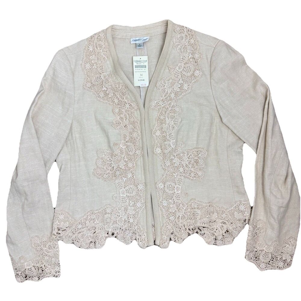 NWT Coldwater Creek Linen Blend Boho Crochet Laced Beige Blazer Women’s Size M